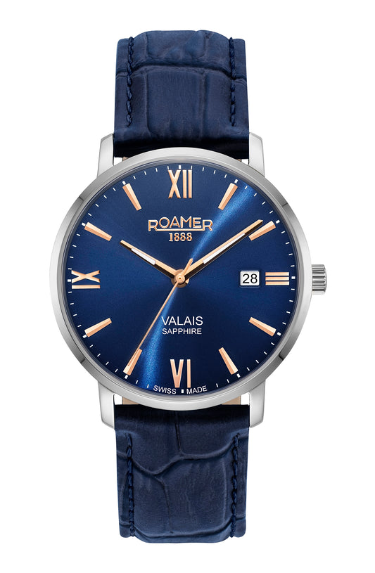 Roamer Valais Gents Blue Dial Blue Leather Strap with Rosegold Batons
