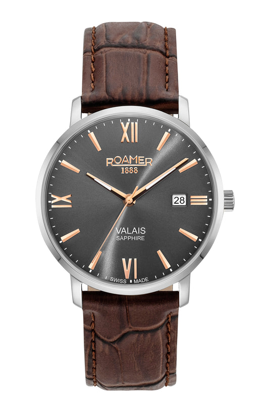 Roamer Valais Gents Grey Dial Brown Leather Strap with Rosegold Batons