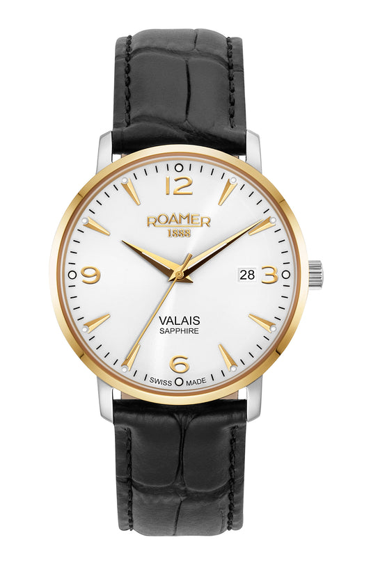 Roamer Valais Gents Silver Dial Black Leather Strap with Yellow Gold Batons