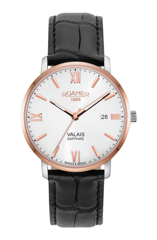 Roamer Valais Gents Silver Dial Black Leather Strap with Rosegold Batons