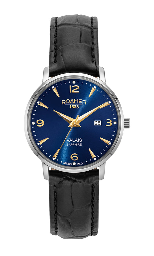 Roamer Valais Ladies Blue Dial Black Leather Strap with Rosegold Batons