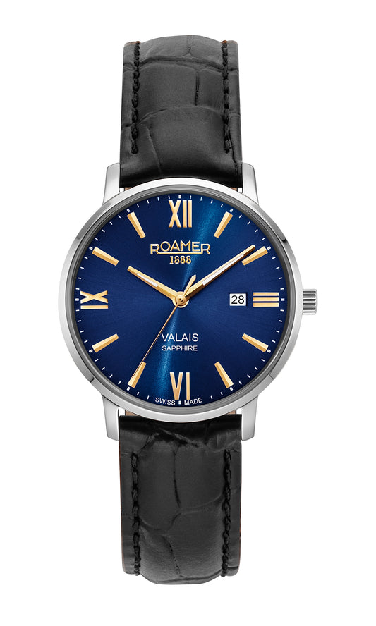 Roamer Valais Ladies Blue Dial Black Leather Strap with Yellow Gold Batons