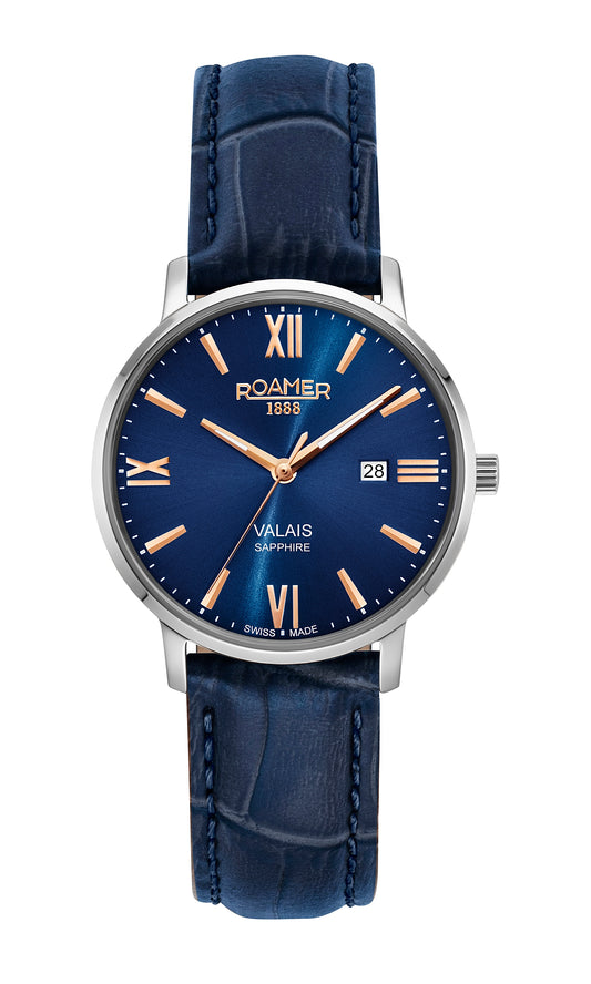 Roamer Valais Ladies Blue Dial Blue Leather Strap with Rosegold Batons