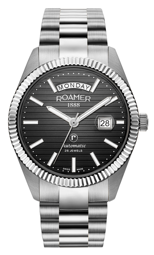 Roamer Primeline Day Date II Steel Bracelet Black Patterned Dial