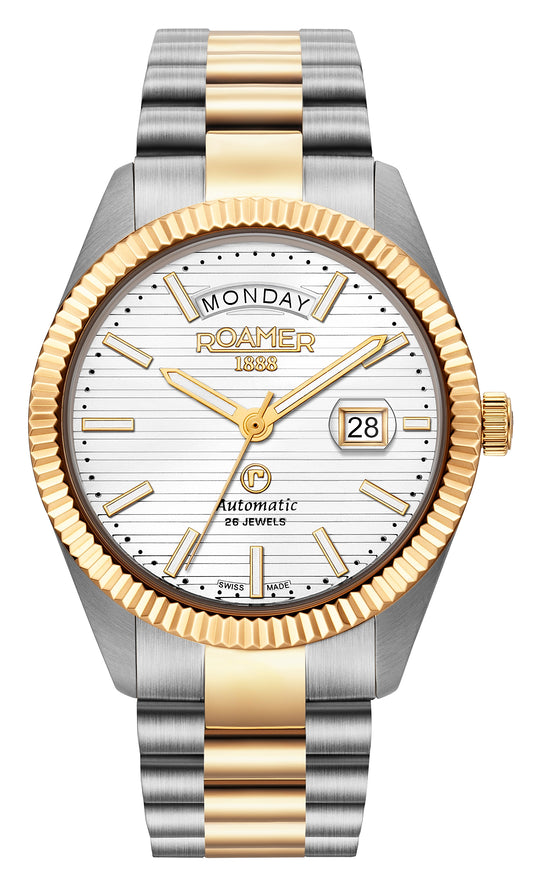 Roamer Primeline Day Date II Yellow Gold Bi-colour Bracelet White Patterned Dial