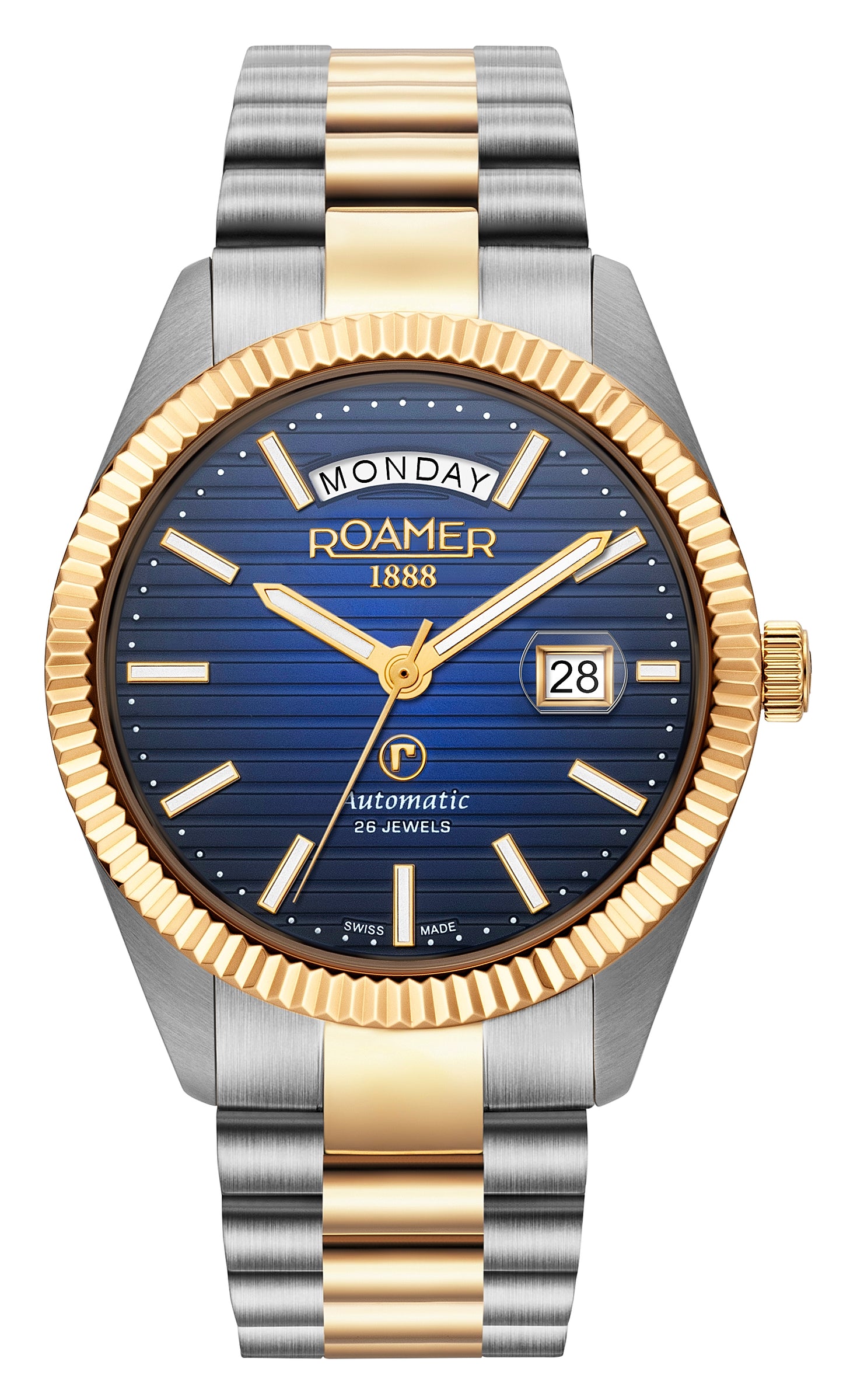 Roamer Primeline Day Date II Yellow Gold Bi-colour Bracelet Blue Patterned Dial