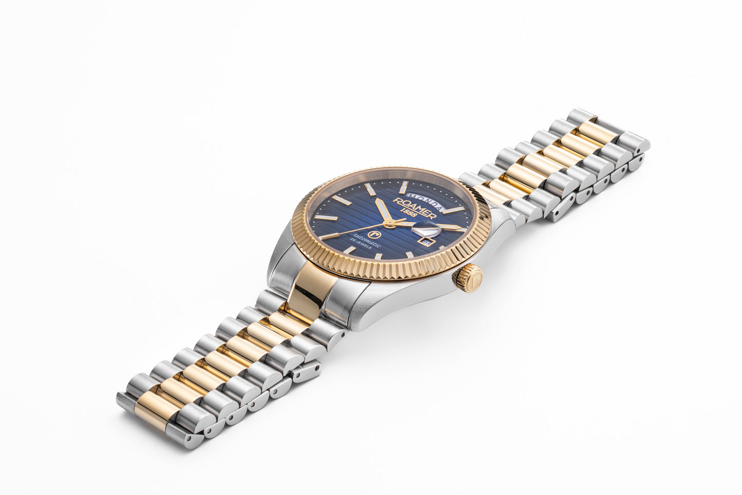 Roamer Primeline Day Date II Yellow Gold Bi-colour Bracelet Blue Patterned Dial