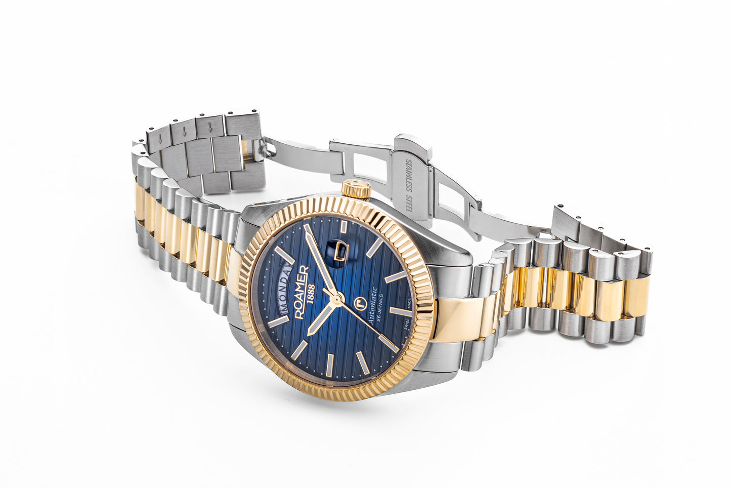Roamer Primeline Day Date II Yellow Gold Bi-colour Bracelet Blue Patterned Dial
