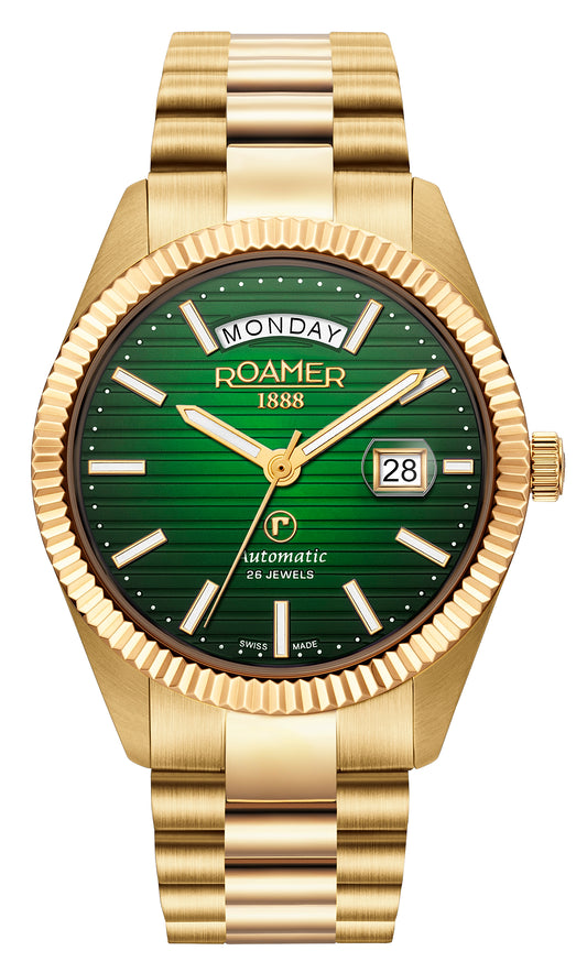 Roamer Primeline Day Date II Gold IP Stainless Steel Bracelet Green Patterned Dial