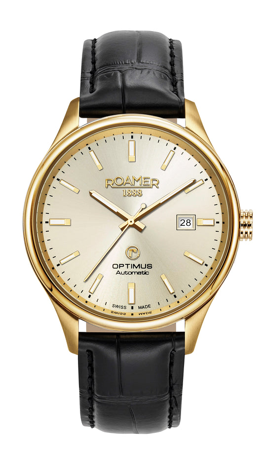 Roamer Optimus Champagne Dial Black Leather Strap with Gold Accents