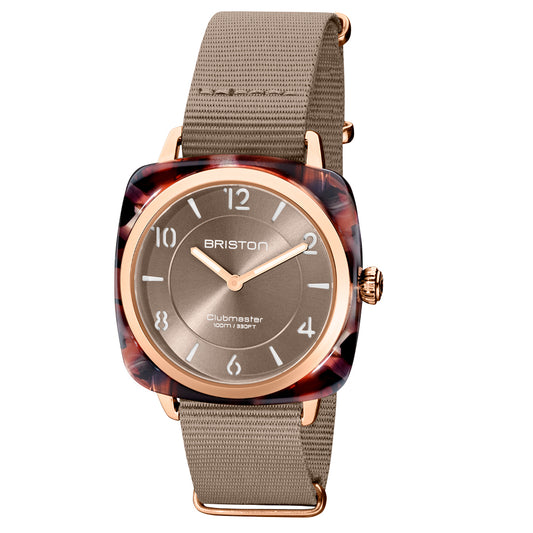 Briston Clubmaster Chic Ladies 2 Hand Taupe Dial and Nato Strap with Rosegold Accents