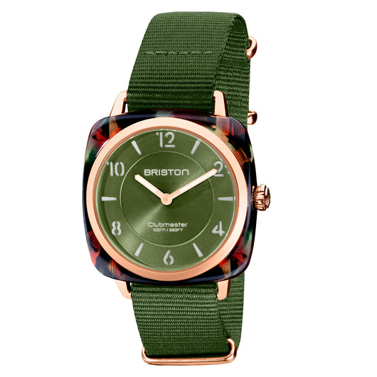 Briston Clubmaster Chic Ladies 2 Hand Olive Green Dial and Nato Strap with Rosegold Accents