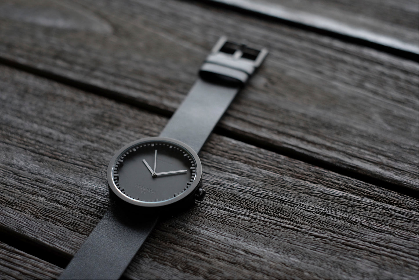 LEFF Amsterdam Tube Watch D38 Black Case Black Leather Strap