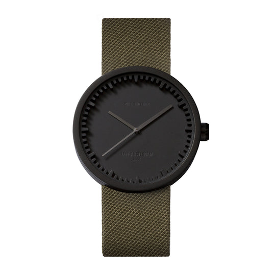 LEFF Amsterdam Tube Watch D38 Black Case Green Cordura-Leather Strap