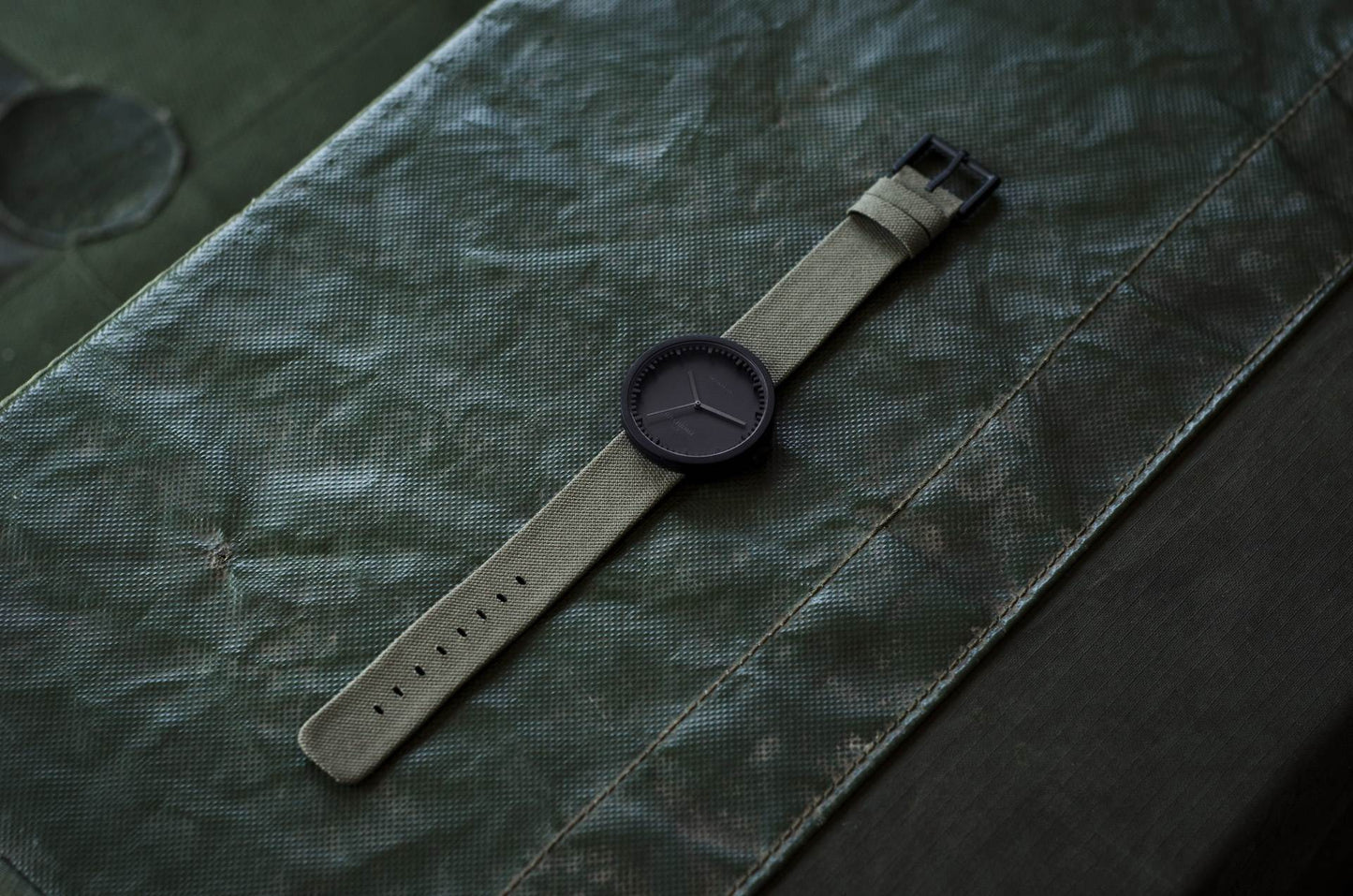 LEFF Amsterdam Tube Watch D38 Black Case Green Cordura-Leather Strap