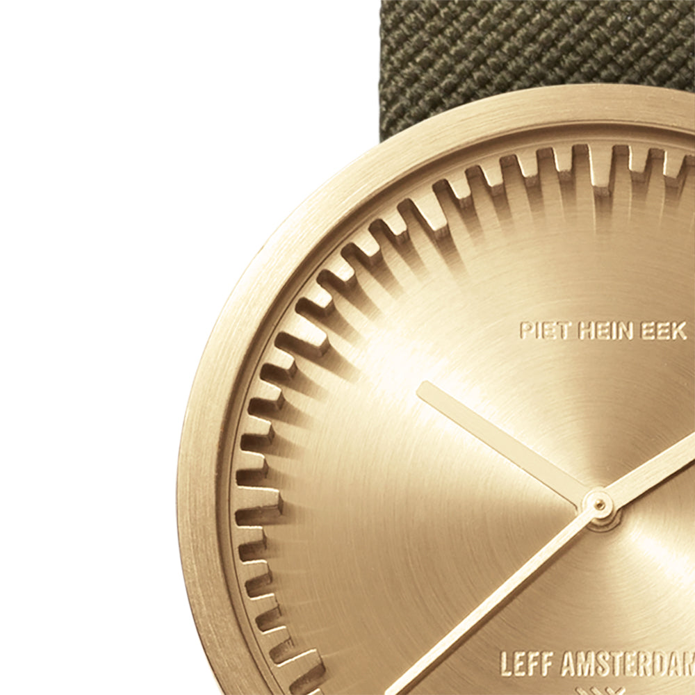 LEFF Amsterdam Tube Watch D42 Brass Case Green Cordura-Leather Strap