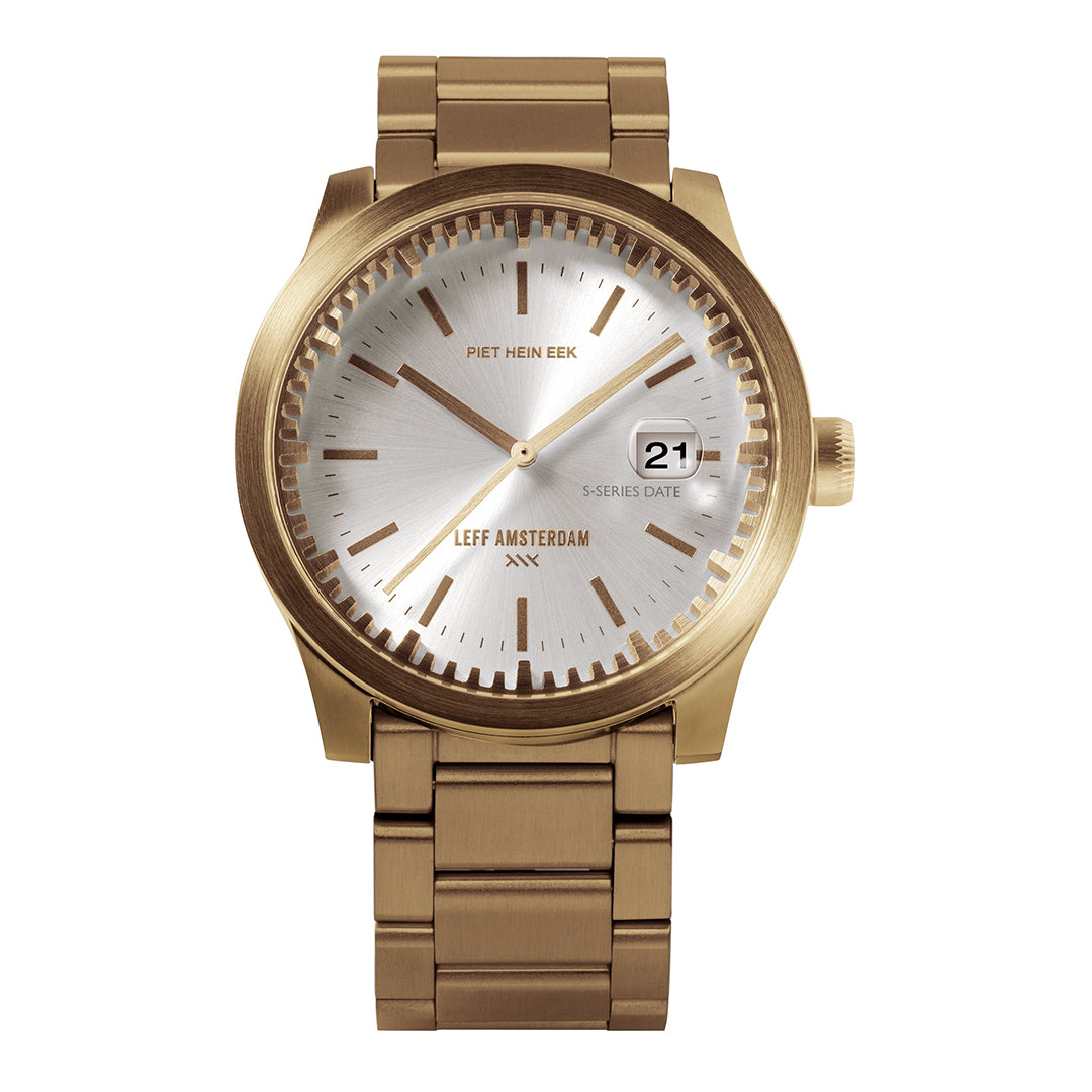 Leff Amsterdam Tube Watch S42 Date Brass with Pearl Dial