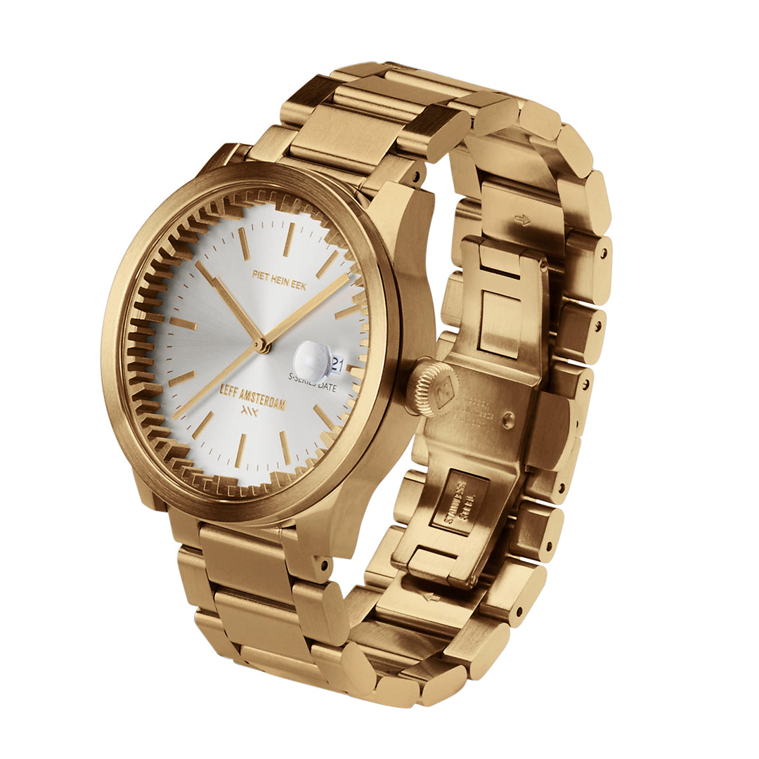 Leff Amsterdam Tube Watch S42 Date Brass with Pearl Dial