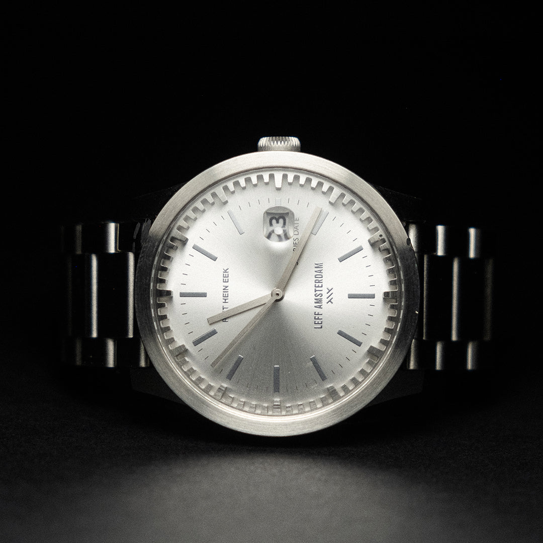 Leff Amsterdam Tube Watch S42 Date Steel with Pearl Dial