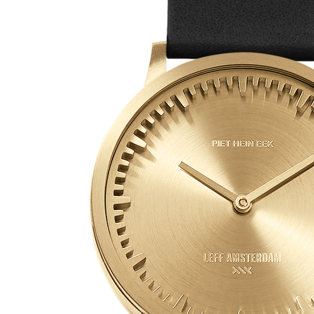 LEFF Amsterdam Tube Watch T32 Brass Case Black Leather Strap