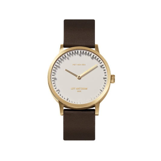 LEFF Amsterdam Tube Watch T32 Brass/ White Case Brown Leather Strap