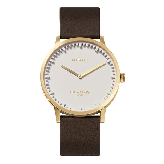 LEFF Amsterdam Tube Watch T40 Brass/ White Case Brown Leather Strap