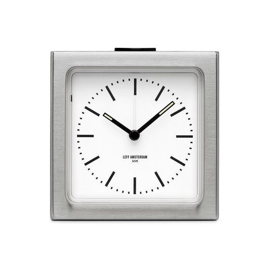 LEFF Amsterdam Block Alarm Clock Stainless Steel White Dial Black Index