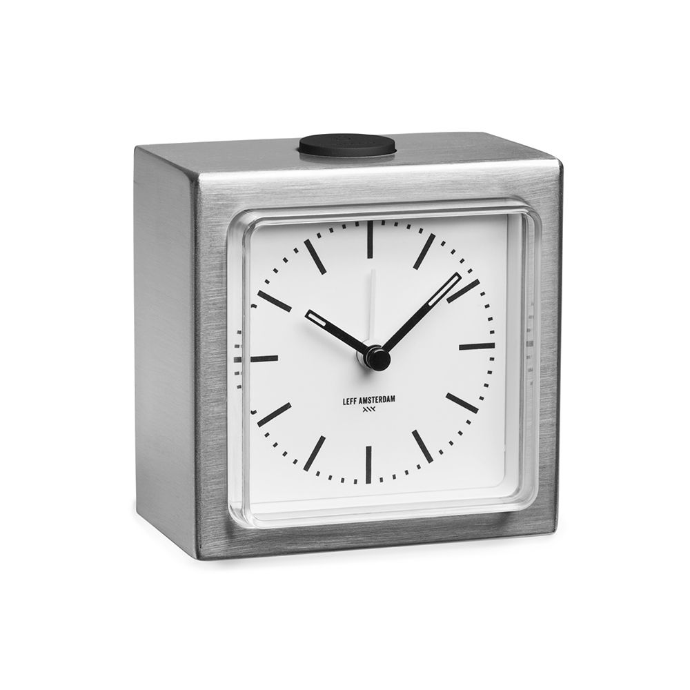 LEFF Amsterdam Block Alarm Clock Stainless Steel White Dial Black Index