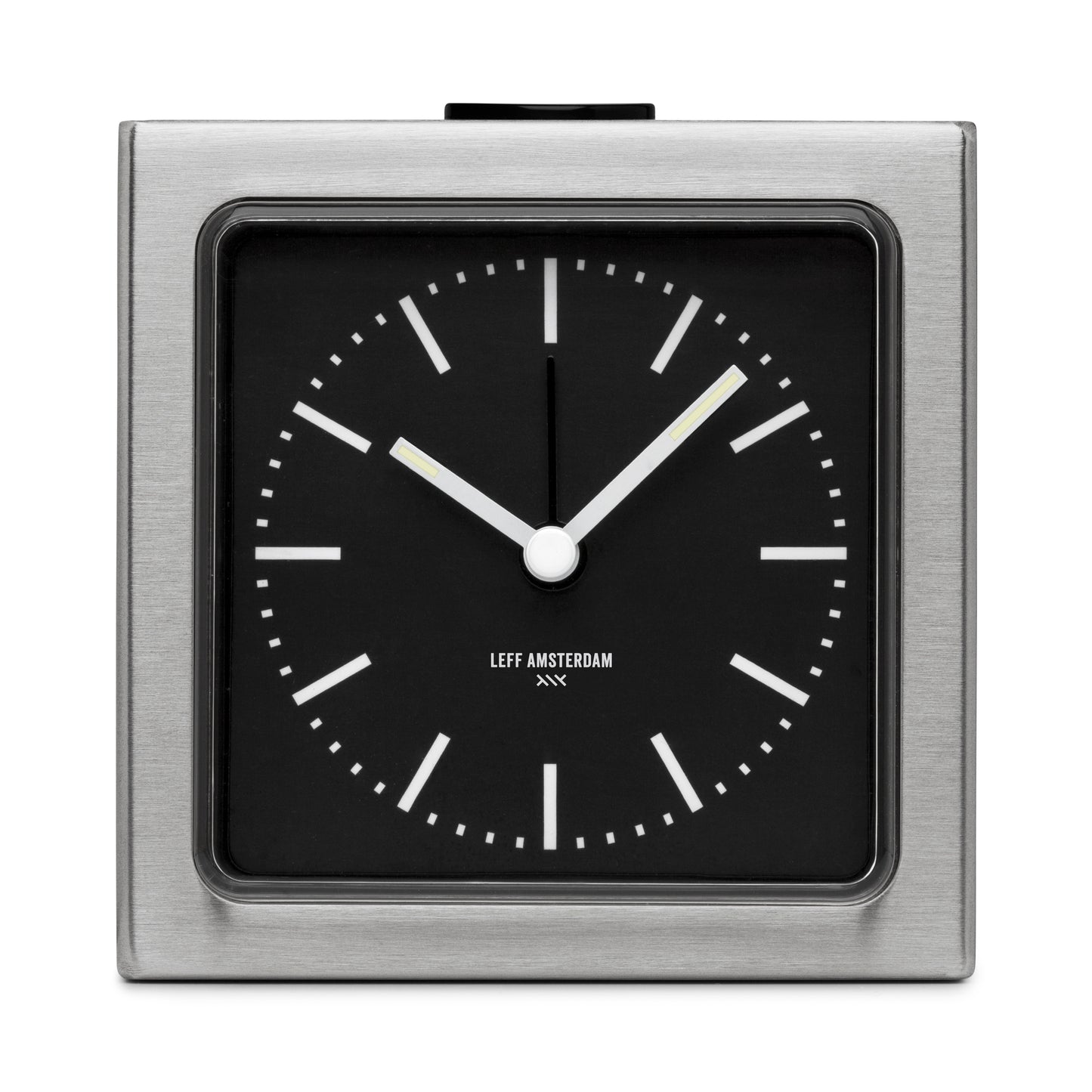 LEFF Amsterdam Block Alarm Clock Stainless Steel Black Dial White Index
