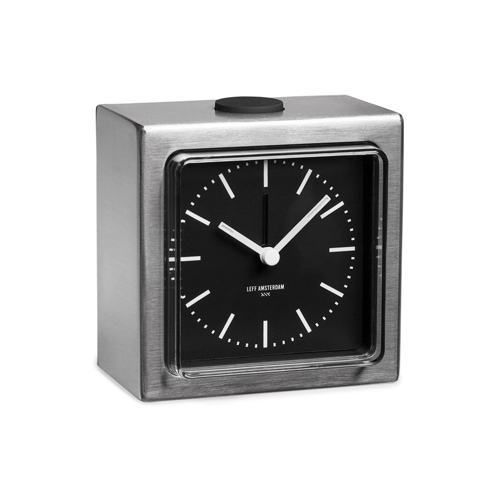 LEFF Amsterdam Block Alarm Clock Stainless Steel Black Dial White Index