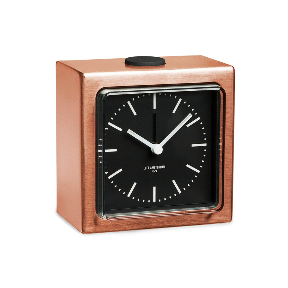 LEFF Amsterdam Block Alarm Clock Copper IP Stainless Steel Black Dial White Index