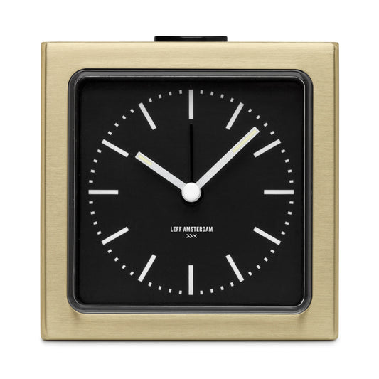 LEFF Amsterdam Block Alarm Clock Brass IP Stainless Steel Black Dial White Index