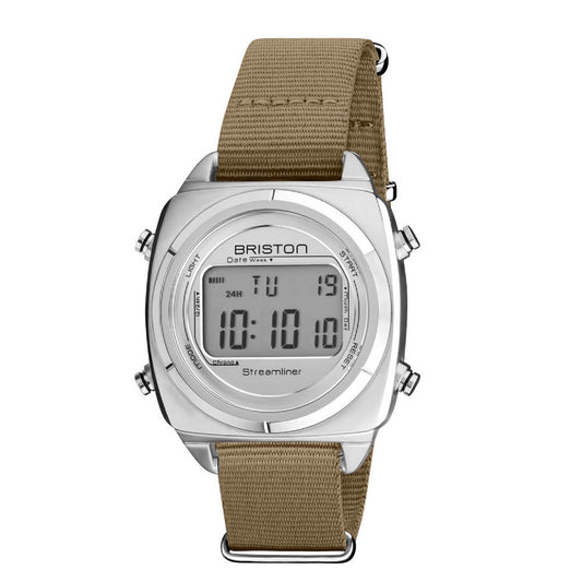 Briston Streamliner Digital Silver Dial Taupe Nato Strap with Steel Accents