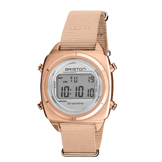 Briston Streamliner Digital Silver Dial Taupe Nato Strap with Rosegold Accents